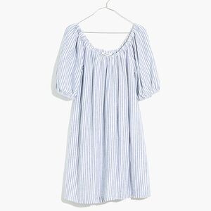 Madewell Linen-Blend Puff-Sleeve Trapeze Mini Dress in Railroad Stripe in 2X